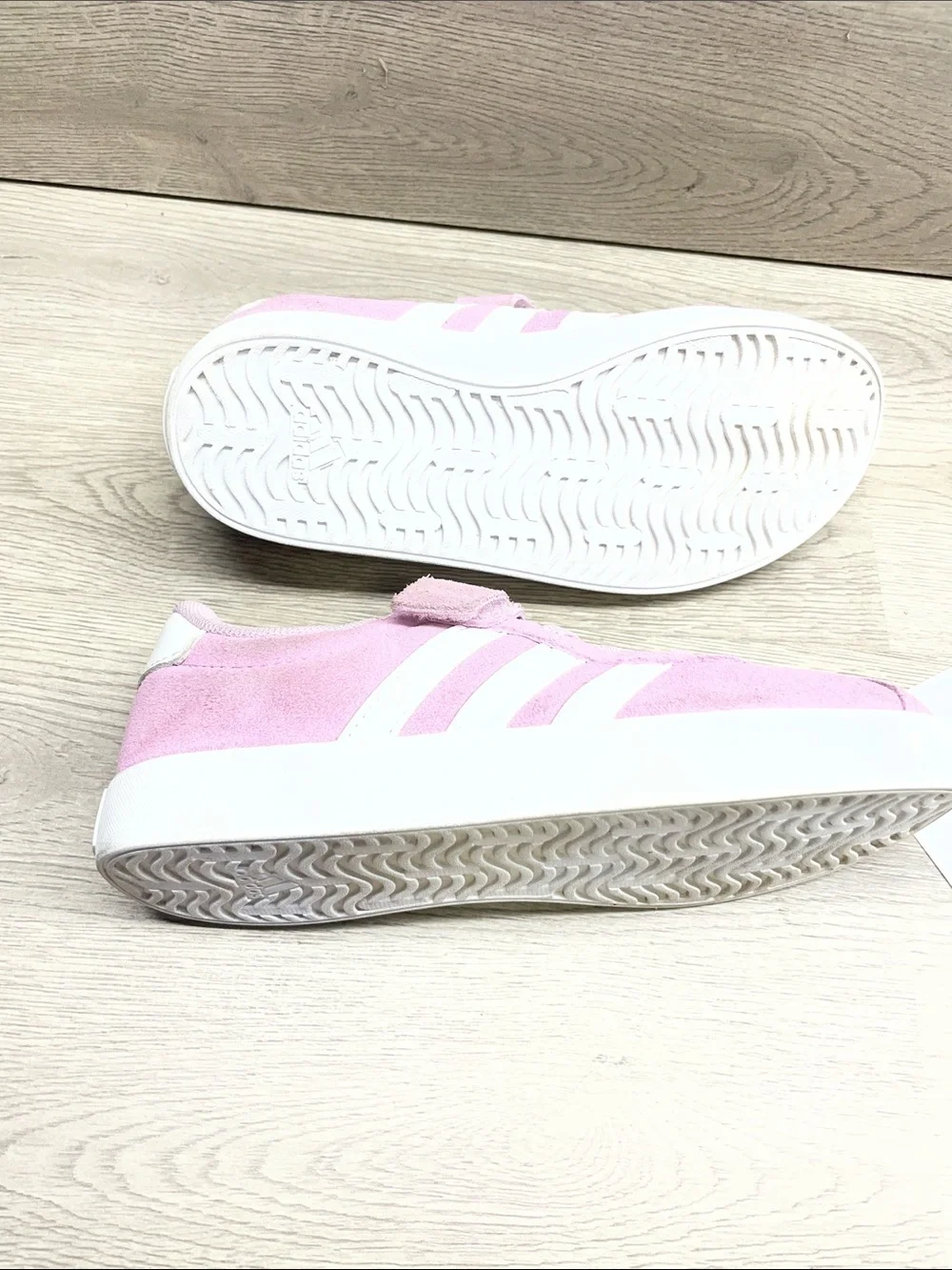 adidas Kids Pink Suede Velcro Strap Sneakers with White Stripes #1070